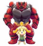 :o abs ambiguous_gender animal_crossing anthro barefoot biceps bottomwear canid canine canis claws clothed clothing crossover daily-incineroar domestic_dog duo eyelashes fangs feet felid female fire floppy_ears fur generation_7_pokemon hi_res incineroar isabelle_(animal_crossing) looking_at_viewer male mammal manly muscular muscular_male nintendo nude open_mouth pecs pokemon pokemon_(species) pose sharp_teeth shih_tzu shirt simple_background size_difference skirt standing teeth thick_thighs tongue topwear toy_dog triceps white_background wrestler yellow_eyes