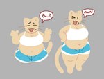 anthro barefoot beady_eyes belly belly_overhang big_belly big_breasts blue_bottomwear blue_clothing blue_shorts bottomwear bra breasts cleavage clothed clothing feet female fur gesture hand_on_hip happy markings mole_(marking) navel overweight overweight_anthro overweight_female shorts shrug solo speech_bubble tail tan_body tan_fur underwear whiskers white_bra white_clothing white_underwear cassicat cassi_cat_(cassicat) domestic_cat felid feline felis mammal 2023 cel_shading digital_media_(artwork) shaded trans_(lore) trans_woman_(lore)