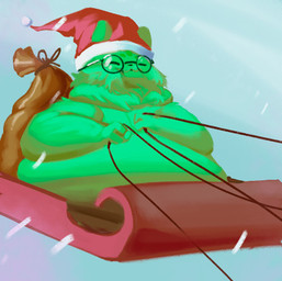 ambiguous_gender big_tail eyes_closed eyewear feral glasses green_body holidays overweight overweight_ambiguous overweight_feral plant semi-anthro sleigh snow solo tail citrusslugcat christmas rain_world videocult saint_(rain_world) santa_claus slugcat low_res