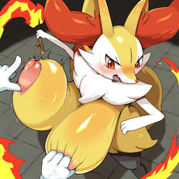 anthro areola big_breasts blush breast_grab breast_pull breasts female fire fur hand_on_breast huge_breasts hyper hyper_breasts inner_ear_fluff nipples nude solo tuft white_body yellow_body yellow_fur obikuragetyan nintendo pokemon braixen canid canine generation_6_pokemon mammal pokemon_(species) 1:1 hi_res