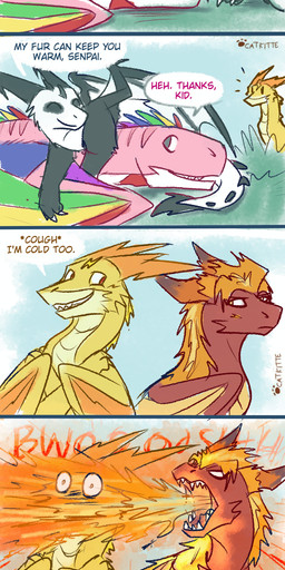 all_fours angry cold dialogue duo feral fire group hair male multicolored_body red_body scales smile tail text tongue tongue_out wings yellow_body yellow_scales catkitte mythology blaze_(catkitte) boltron_(catkitte) panda_(catkitte) dragon mythological_creature mythological_scalie scalie 2020 absurd_res comic digital_drawing_(artwork) digital_media_(artwork) english_text hi_res signature