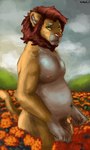 anthro cloud cloudy_sky flower grass green_eyes hair looking_at_viewer male nipples nude orange_flower pink_nipples pink_nose plant pubes red_hair sky slightly_chubby slightly_chubby_male solo limbo6_6 felid feline lion mammal pantherine 3:5 hi_res oil_painting_(artwork)