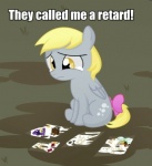 ableism ableist_slur blonde_hair bodily_fluids bullying crying cutie_mark derp_eyes feathered_wings feathers female feral grey_body grey_feathers hair sad solo tail tears text wings yellow_eyes young young_feral unknown_artist friendship_is_magic hasbro my_little_pony mythology derpy_hooves_(mlp) equid equine mammal mythological_creature mythological_equine pegasus english_text image_macro impact_(font) lol_comments low_res meme