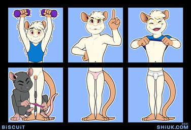 4_fingers 4_toes anthro assisted_exposure balls blue_clothing blue_topwear bulge clothed clothed/nude clothing clothing_lift crossdressing crouching duo erection exercise eyes_closed eyewear feet fingers flaccid front_view fur genitals gesture glasses hand_gesture humanoid_genitalia humanoid_penis male nude panties pantsing partially_clothed penis pink_clothing pink_panties pink_underwear pointing pointing_up pose red_eyes round_glasses shirt shirt_lift small_penis solo standing text toes topless topwear underwear white_body white_clothing white_fur white_underwear shiuk biscuit_(biscuits) mammal murid murine rat rodent 2021 character_name hi_res multiple_images url