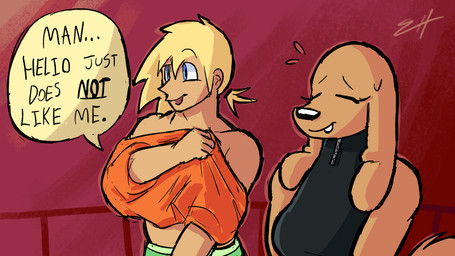 anthro beach black_clothing black_nose black_swimwear blonde_hair blue_eyes brown_body brown_fur clothing color_coded color_coded_speech_bubble dialogue duo eyes_closed female fur green_clothing green_swimming_trunks green_swimwear greeting hair long_ears male orange_clothing orange_shirt orange_t-shirt orange_topwear ponytail shirt speech_bubble swimming_trunks swimwear t-shirt text tied_hair topwear zipper biscotti5000 jane_(biscotti5000) sam_(biscotti5000) canid canine canis domestic_dog human mammal 16:9 english_text hi_res widescreen