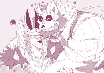 ^_^ anthro barazoku beard blush bone bone_mask claws clothing coat coat_over_shoulders collared_shirt dress_shirt duo ellipsis eyes_closed facial_hair feral finger_claws fur_lined_clothing heart_symbol holding_feral holidays hug larger_anthro larger_male male male/male mask muscular muscular_anthro muscular_male pinstripes shirt size_difference skull skull_mask smaller_anthro smaller_male smile speech_bubble text tongue tongue_out topwear vest juggermelon dislyte lilith_games new_year new_year_2026 atlas_(juggermelon) sander_(dislyte) anubian_jackal canid canine canis jackal mammal wolf hi_res