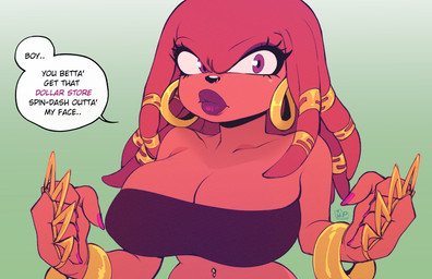 anthro big_breasts brass_knuckles breasts cleavage clothed clothing crossgender ear_piercing ear_ring female hoop_ear_ring huge_breasts jewelry lips lipstick makeup melee_weapon piercing red_eyes ring_piercing solo text thick_lips weapon mahmapuu sega sonic_the_hedgehog_(series) knuckles_the_echidna echidna mammal monotreme absurd_res english_text hi_res