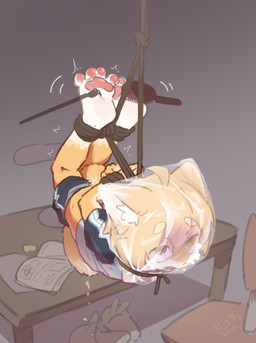 4_toes 5_fingers ahoge ankles_tied anthro asphyxiation bag_over_head bagging bangs bdsm black_nose blue_bottomwear blue_clothing blue_shirt blue_shorts blue_topwear bodily_fluids bondage bottomwear bottomwear_down bound brick brick_wall brush brushing_feet bunny_slippers chair circle_eyebrows clothed clothing convenient_censorship crying cyanosis death_piss discarded_footwear dying dying_eyes emanata eraser eyebrow_through_hair eyebrows feet fingers foot_fetish foot_focus foot_play fur furniture genital_fluids grey_background hair hands_behind_back hands_tied hands_tied_behind_back hanging_by_feet imminent_death incontinence inner_ear_fluff kerchief looking_up male naturally_censored open_mouth orange_body orange_ears orange_eyes orange_fur orange_hair partially_clothed pawpads pink_pawpads restraints rope rope_around_neck rope_bondage rope_harness school_uniform shadow shirt shorts shorts_down simple_background solo table tail tail_between_legs tail_censorship tears teeth_showing text textbook tickle_torture tickling tickling_feet toes tongue topwear torture translucent translucent_hair tuft uniform urine urine_drip wall_(structure) white_body white_eyebrows white_fur white_inner_ear_fluff white_kerchief white_paws young young_anthro young_male teien domestic_cat felid feline felis mammal absurd_res chinese_text hi_res signature