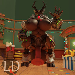animal_genitalia animal_penis anthro balls belly big_balls big_breasts breasts brown_body brown_nipples christmas_decorations christmas_lights equine_genitalia equine_penis female fur genitals gynomorph intersex looking_at_viewer nipples penis slightly_chubby solo lustfuldemon blizzard_entertainment overwatch orisa_(overwatch) reindeer_orisa_(overwatch) taur 1:1 blender_(artwork) blender_cycles_(artwork) digital_media_(artwork)