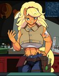 anthro arm_tattoo black_bars female solo tattoo tool_belt tools workshop droll3 capcom devil_may_cry devil_may_cry_5 friendship_is_magic hasbro my_little_pony applejack_(mlp) nico_(devil_may_cry) equid equine horse mammal pony hi_res letterbox