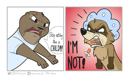 angry anthro bonnet clothed clothing cross-popping_vein dialogue duo emanata headgear headwear humor male narrowed_eyes open_mouth pacifier shirt t-shirt text topwear yelling nikraccoom felix_(nik159) nik_(nik159) mammal mustelid otter procyonid raccoon 2021 comic digital_drawing_(artwork) digital_media_(artwork) english_text hi_res reaction_image url