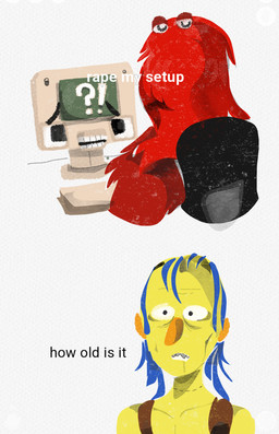 age_difference chair clothed clothing computer confusion elderly electronics fur furniture group hair long_fur male office_chair older_male red_body red_fur sitting text trio why worried boysoup don't_hug_me_i'm_scared colin_the_computer red_guy_(dhmis) roy_gribbleston animate_inanimate humanoid living_computer mammal digital_media_(artwork) english_text hi_res meme shaded simple_shading