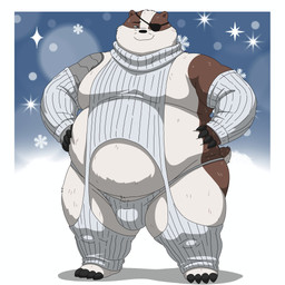 anthro armwear belly bulge clothed clothing elbow_gloves eye_patch eyewear gloves handwear legwear male overweight skimpy smile smirk smug solo stockings sweater thick_thighs thong topwear turtleneck underwear bobbellyboy cartoon_network mao_mao:_heroes_of_pure_heart badgerclops badger mammal mustelid musteline 1:1 hi_res