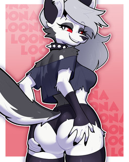5_fingers anthro bare_shoulders bedroom_eyes big_butt black_nose bottomwear breasts bubble_butt butt cheek_tuft clothed clothing collar ear_piercing ear_ring eyebrow_piercing eyebrows eyelashes facial_piercing facial_tuft female fingers fur furgonomic_bottomwear furgonomics grey_body grey_fur grey_hair hair half-closed_eyes hand_on_butt holding_butt hotpants inner_ear_fluff legwear long_hair looking_at_viewer looking_back medium_breasts midriff minishorts multicolored_body multicolored_fur narrowed_eyes piercing raised_tail red_sclera ring_piercing seductive shirt shorts smile solo spiked_collar spikes t-shirt tail thick_thighs thigh_highs topwear torn_clothing tuft two_tone_body two_tone_fur white_body white_eyes white_fur budoti hellaverse helluva_boss mythology loona_(helluva_boss) canid canid_demon canine demon hellhound mammal mythological_canine mythological_creature 2024 hi_res