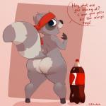 anthro beverage big_butt butt butt_pose cute_fangs dialogue feet female freckles huge_butt looking_back mostly_nude open_mouth open_smile pear-shaped_figure pose raised_tail short_stack simple_background small_feet smile soda solo speech_bubble standing tail text thick_thighs wide_hips cracker_(artist) electronic_arts peggle popcap_games roxy_raccoon mammal procyonid raccoon 1:1 2018 digital_media_(artwork) english_text hi_res pink_theme signature