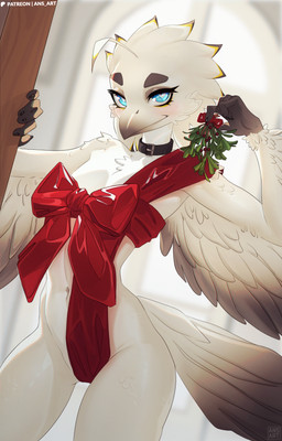 anthro blue_eyes choker christmas_clothing christmas_gift clothing female holidays jewelry looking_at_viewer necklace omela red_ribbon smile solo white_body ansart christmas lyra_(w4g4) avian bird absurd_res hi_res