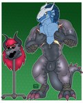 3_toes 4_fingers anthro bulge claws clothing cosplay costume feet fingers lock_bulge lock_symbol male male/male mask muscular muscular_male null null_bulge pecs sharp_teeth simple_background solo suit teeth toes zipper nokucroc bushiroad future_card_buddyfight mythology demon_lord_dragon_batzz demon dragon mythological_creature mythological_scalie scalie absurd_res hi_res