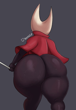 anthro big_butt biped black_body butt clothed clothing female fingers glistening glistening_body holding_object huge_butt huge_thighs monotone_body rear_view red_clothing simple_background solo text thick_thighs white_head bombcat14 hollow_knight_(franchise) team_cherry hornet_(hollow_knight) arthropod 2025 hi_res