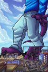 anthro bottomwear building building_destruction clothed clothing cloud denim denim_bottomwear denim_clothing destruction feet jeans landscape_dwarfing macro male outside pants purple_body rampage shirt sky solo stomping tail toes topwear rasmussen891 mythology gin_(ozzie_gt) dragon mammal mythological_creature mythological_scalie scalie space_dragon digital_media_(artwork) hi_res