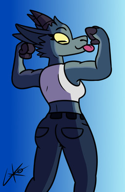 anthro belt blue_background blue_body blue_fur bottomwear breasts butt clothing crop_top denim denim_bottomwear denim_clothing eyebrows eyelashes female fingers flexing flexing_bicep flexing_both_biceps fur gradient_background grey_body grey_fur hooved_fingers hooves horizontal_pupils horn jeans looking_back looking_back_at_self looking_down looking_down_at_self pants pupils shirt simple_background solo tongue tongue_out topwear yellow_eyes lilith-ko coffee_stain_studios epic_games fortnite goat_simulator pilgor_(goat_simulator) bovid caprine goat mammal 2025 absurd_res hi_res signature