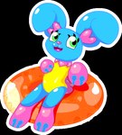 anthro blue_body clothing female green_eyes inflatable inner_tube one-piece_swimsuit pink_body solo swimwear yellow_clothing yellow_swimwear smurli fakemon cotton_bunny_(smurli) lagomorph mammal alpha_channel