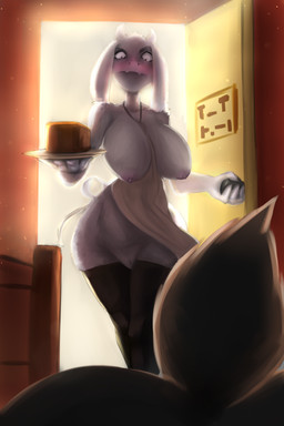 anthro apron areola big_breasts black_clothing black_legwear black_thigh_highs blush breasts brown_eyes clothing crossgender duo fangs female floppy_ears food front_view fur genitals holding_food holding_object horn huge_breasts legwear lop_ears mature_anthro mature_female nipples pink_areola pink_nipples teeth thick_thighs thigh_highs vulva white_apron white_body white_clothing white_fur white_horn wide_hips litdeath undertale undertale_(series) asriel_dreemurr toriel boss_monster_(undertale) bovid caprine goat mammal 2:3 absurd_res hi_res