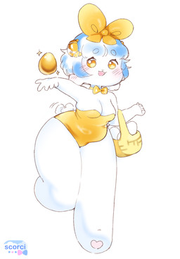 anthro belly bodysuit bunny_costume chubby_cheeks clothing clothing_pudge costume egg female gift skinsuit slightly_chubby slightly_chubby_female solo sparkles tail tail_motion tailwag thick_thighs tight_clothing scorci chelsi bovid caprine mammal sheep hi_res