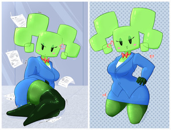 5_fingers big_breasts blue_bottomwear blue_clothing blue_skirt blue_topwear bottomwear bow_tie breasts clothed clothed_female clothed_humanoid clothing cross-popping_vein dotted_background eyeshadow featureless_legs female female_humanoid fingers frown green_body green_eyeshadow green_hair green_skin green_tongue hair half-closed_eyes hand_on_hip hand_on_own_hip heart_symbol inside legwear lying makeup narrowed_eyes not_furry office_clothing on_side open_mouth open_smile paper pattern_background pigtails pink_heart red_bow_tie simple_background skirt smile solo thick_thighs thigh_highs tongue topwear wide_hipped_female wide_hipped_humanoid wide_hips tubawalrus mario_bros nintendo paper_mario mimi_(paper_mario) humanoid 2024 digital_media_(artwork) hi_res