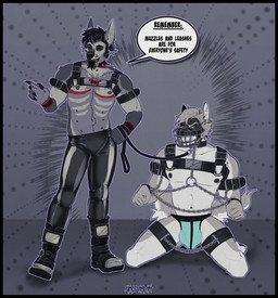 anthro black_border boots border bottomwear bound chain chest_harness clothing collar duo fangs footwear harness leash leashed_collar leather leather_bottomwear leather_clothing leather_pants male male/male muzzle_(object) muzzled pants piercing shoes speech_bubble teeth text chaos-reign cole_canine canid canine canis domestic_dog husky mammal nordic_sled_dog spitz absurd_res english_text hi_res