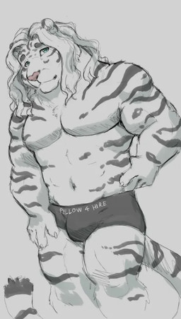 abs anthro black_clothing black_underwear bulge clothing green_eyes hair looking_at_viewer male mostly_nude muscular muscular_male navel solo striped_body stripes tail text underwear white_body white_hair noviraine felid mammal pantherine tiger english_text