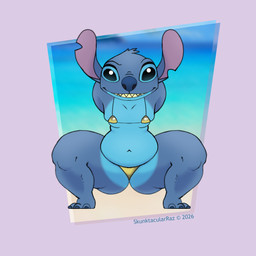 abstract_background anthro beach belly big_butt bikini biped black_eyes blue_body blue_fur blue_nose butt butt_from_the_front clothing crouching fur gold_bikini grin hair hands_behind_head looking_at_viewer male navel sharp_teeth short_hair smile solo swimwear teeth triangle_bikini two-piece_swimsuit yellow_teeth skunktacularraz disney golden_week lilo_and_stitch stitch_(lilo_and_stitch) alien experiment_(lilo_and_stitch) 2026 hi_res