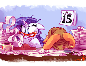 beverage blonde_hair calendar clothing coffee cowboy_hat duo eyewear female feral freckles glasses hair hat headgear headwear hooves horn messy_hair orange_body paper paper_stack pencil_(object) purple_hair wearing_glasses white_body whitediamonds friendship_is_magic hasbro my_little_pony mythology applejack_(mlp) rarity_(mlp) equid equine mammal mythological_creature mythological_equine unicorn 2015