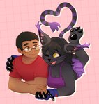 3_toes anthro black_body black_claws black_fur black_hair black_pawpads bottomwear claws clothing duo ear_tuft eyewear feet female fur glasses hair hand_holding heart_shaped_tail human_on_anthro_romance male markings pawpads purple_bottomwear purple_clothing purple_shirt purple_skirt purple_tank_top purple_topwear shirt skirt smile striped_markings striped_tail stripes tail tail_markings tank_top toes topwear tuft shupercami bandai_namco digimon the_succubus_hunt champion_(the_succubus_hunt) meri_(gatomon_form) meri_(the_succubus_hunt) blackgatomon digimon_(species) domestic_cat felid feline felis human mammal absurd_res hi_res