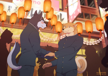 anthro biped black_bottomwear black_clothing black_jacket black_pants black_topwear blush bottomwear building clothed clothed_anthro clothed_male clothing detailed_background dress_pants duo_focus eyes_closed fingers fur glass grey_body grey_fur group hand_holding humanoid_hands jacket japan lamp light looking_at_another low-angle_view male male/male outside pants side_view sign silhouetted_body suit_jacket tail tan_body tan_fur text topwear window aledonrex tennis_ace shoichi_urata yuuichi_michimiya canid canine canis domestic_dog husky mammal nordic_sled_dog shiba_inu spitz 2018 artist_name colored japanese_text shaded