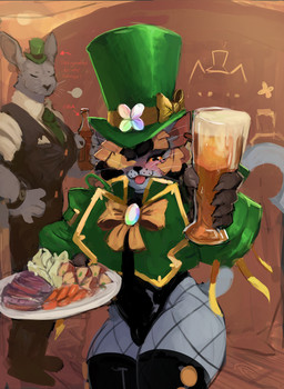 alcohol anthro beer beverage blush boots bow_ribbon clothing drunk duo female femboy fishnet_clothing footwear giving_drink giving_food hair hat headgear headwear holidays jacket legwear leotard looking_at_viewer male male/female multicolored_hair necktie shoes small_hat smile substance_intoxication thigh_boots thigh_highs tongue tongue_out top_hat topwear two_tone_hair vest pajamamcham st._patrick's_day jaspar_(pajamamcham) trudy_(pajamamcham) domestic_cat felid feline felis mammal