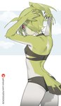 absurd_res anthro avian beak bikini bird breasts clothing feathers female green_body green_feathers green_hair hair hands_behind_head hi_res kaltespur looking_at_viewer looking_back looking_back_at_viewer navel non-mammal_breasts non-mammal_navel red_eyes slim small_breasts small_waist smile solo swimwear tail tail_feathers tuft