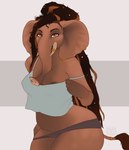 anthro areola areola_slip belly big_breasts breasts brown_body brown_eyes brown_hair brown_skin camisole clothed clothing curvy_figure dark_areola ear_piercing ear_ring eyebrows eyelashes facial_piercing female grey_background hair looking_at_viewer navel nipple_outline nose_piercing nose_ring off_shoulder piercing ring_piercing seductive shirt simple_background slightly_chubby small_waist smile solo spaghetti_strap tail tan_body tan_skin tan_tail tank_top topwear trunk_piercing undressing voluptuous white_background white_clothing white_shirt white_tank_top white_topwear wide_hips missy_(artist) elephant elephantid mammal proboscidean 2021 digital_media_(artwork) hi_res