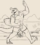 anthro bottomwear claws clothing gesture humor lifeguard male muscular open_mouth open_smile pool poolside shirt shorts smile solo standing tank_top topwear walking waving whistle_(object) 60percentscalie league_of_legends riot_games tencent nasus_(lol) renekton crocodilian reptile scalie hi_res sketch