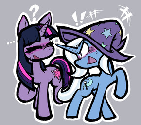 blush bodily_fluids duo female feral horn simple_background smile smirk sweat sweatdrop rubylune friendship_is_magic hasbro my_little_pony mythology trixie_(mlp) twilight_sparkle_(mlp) equid equine mammal mythological_creature mythological_equine unicorn