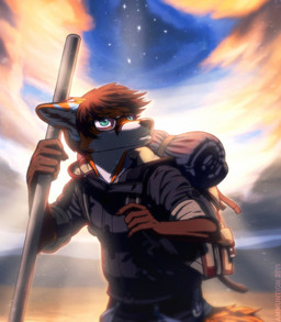 anthro backpack clothed clothing cloud eyewear fully_clothed glasses hair male melee_weapon open_mouth outside polearm sky solo staff star weapon fighterjet canid canine fox mammal hi_res