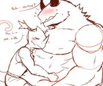 biceps blush clothed clothing duo horn hug male muscular pecs topless mono_g 12tails bison bovid bovine chameleon lizard mammal reptile scalie 6:5 absurd_res hi_res