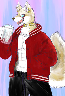 abs alcohol anthro beverage blue_eyes bottomwear breasts clothed clothing collar container cup ear_piercing ear_ring fangs female fluffy fluffy_tail fur hand_in_pocket holding_object jacket kemono looking_at_viewer muscular muscular_anthro muscular_female navel no_bra open_clothing open_mouth open_smile open_topwear pants piercing pockets red_clothing red_jacket red_topwear ring_piercing simple_background smile solo tail tan_body teeth topwear tuft white_body white_fur kyokyota canid canine canis domestic_dog husky mammal nordic_sled_dog spitz 2020 hi_res