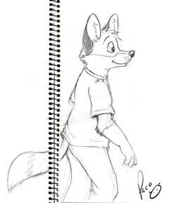 anthro bottomwear closed_smile clothed clothing dipstick_tail head_tuft logo male male_anthro markings mouth_closed pants shirt side_view simple_background slight_smile smile solo standing t-shirt tail tail_markings topwear tuft young young_anthro young_male pandapaco biro_(pandapaco) canid canine fox mammal artist_logo monochrome signature sketch