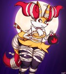 anthro breasts candy candy_bucket clothing dessert fangs female food freckles full_moon fur holidays inner_ear_fluff moon mummy_wrappings solo standing teeth thick_thighs tuft mahoxy halloween nintendo pokemon braixen generation_6_pokemon pokemon_(species) 2023 hi_res