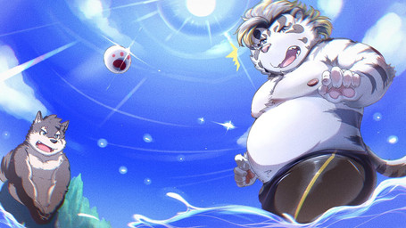 anthro ball belly duo fur humanoid_hands kemono male moobs nipples outside overweight overweight_male sun water white_body white_fur bawp lifewonders tokyo_afterschool_summoners licho_(tas) moritaka_(tas) canid canine canis domestic_dog felid mammal pantherine tiger 16:9 2021 hi_res widescreen