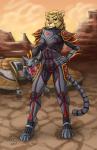 4_toes 5_fingers anthro armor blonde_hair bodysuit breasts clothing desert detailed_background digitigrade ear_piercing feet female fingers fur hair headgear helmet looking_at_viewer outside pauldron piercing skinsuit solo spacecraft standing tan_body tan_fur tight_clothing toes vehicle heresy_(artist) electronic_arts origin_systems wing_commander jhilazi felid kilrathi mammal 2017 digital_media_(artwork) full-length_portrait hi_res portrait shaded sketch