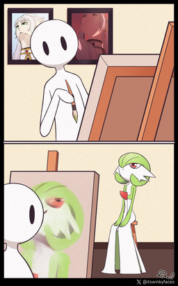 2_panel_comic ambiguous_gender brush canvas dot_eyes duo green_hair hair holding_object looking_at_another picture_frame red_eyes simple_eyes smile white_body winkyfaces frieren_beyond_journey's_end frieren_looking_up nintendo pokemon frieren gardevoir generation_3_pokemon human mammal pokemon_(species) 2026 5:8 absurd_res comic hi_res meme