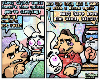 2_panel_comic aloha_shirt anthro beard bow_tie bruised bruised_eye clothing dialogue eyewear facial_hair floppy_ears fur group hair hat headgear headwear holidays humor male open_mouth open_smile overalls pattern_clothing pattern_shirt pattern_topwear shirt smile speech_bubble sunglasses text topwear trio white_body white_fur white_hair yellow_body yellow_fur rawdawgcomics christmas bingus_(rawdawgcomics) santa_claus stahli_(rawdawgcomics) bird_dog canid canine canis domestic_dog golden_retriever human hunting_dog lagomorph leporid mammal rabbit retriever 5:4 comic english_text
