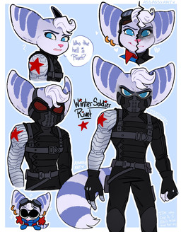 anthro blue_eyes clothing cosplay cybernetic_arm cybernetic_limb dialogue ear_piercing ear_ring eyebrows eyelashes eyewear eyewear_on_head female fingerless_gloves gloves goggles goggles_on_head handwear head_tuft mask piercing ring_piercing solo tuft assassyart marvel ratchet_and_clank sony_corporation sony_interactive_entertainment rivet_(ratchet_and_clank) winter_soldier lombax mammal 2026 hi_res