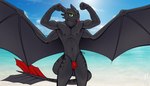 anthro beach biceps bikini_thong bulge clothing dragon dreamworks european_mythology flexing hi_res how_to_train_your_dragon iudicium86 male mythological_creature mythological_scalie mythology navel night_fury nipples one_eye_closed outside scalie skinny_male slim solo spread_wings swimwear tongue tongue_out toothless western_dragon wings wink